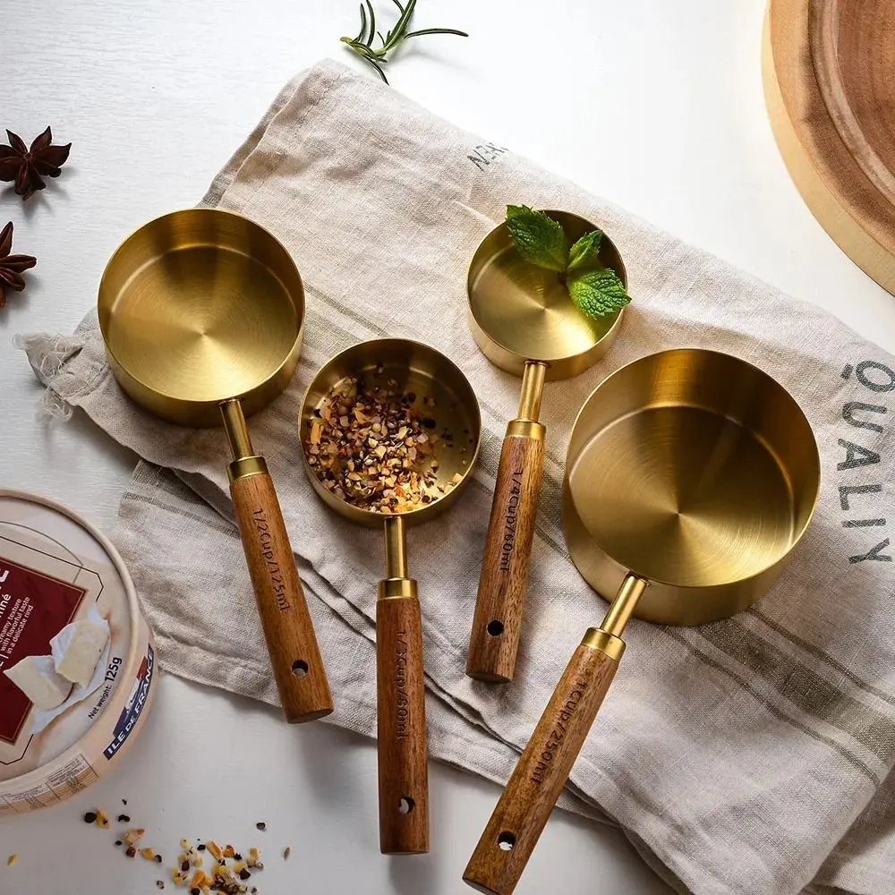 Kitchen Measuring Spoons and Cups Set Wooden Handle Stainless Steel Baking Tools Coffee Measuring Spoon Bartending Scale Accessories