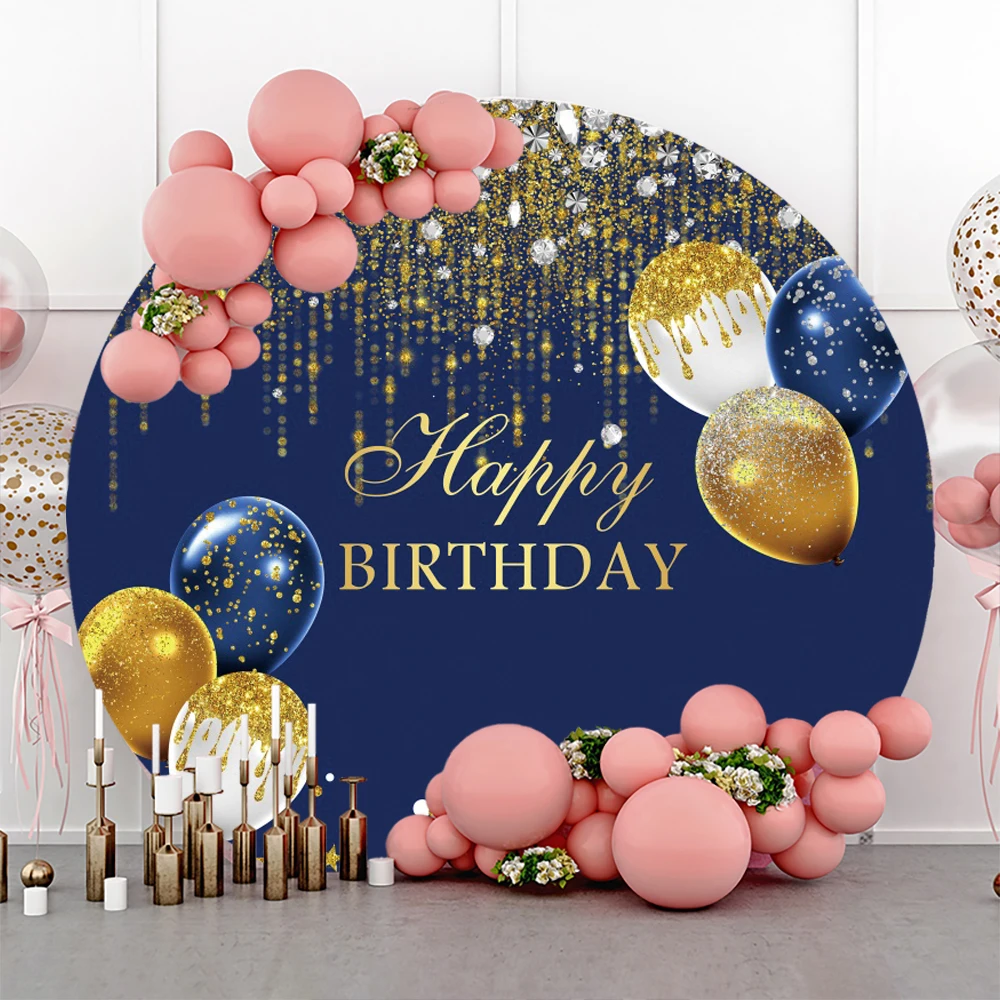 Golden Diamond Happy Birthday Party Blue Headboard Texture Round Photography Background Name Custom Adult Birthday Backdrop