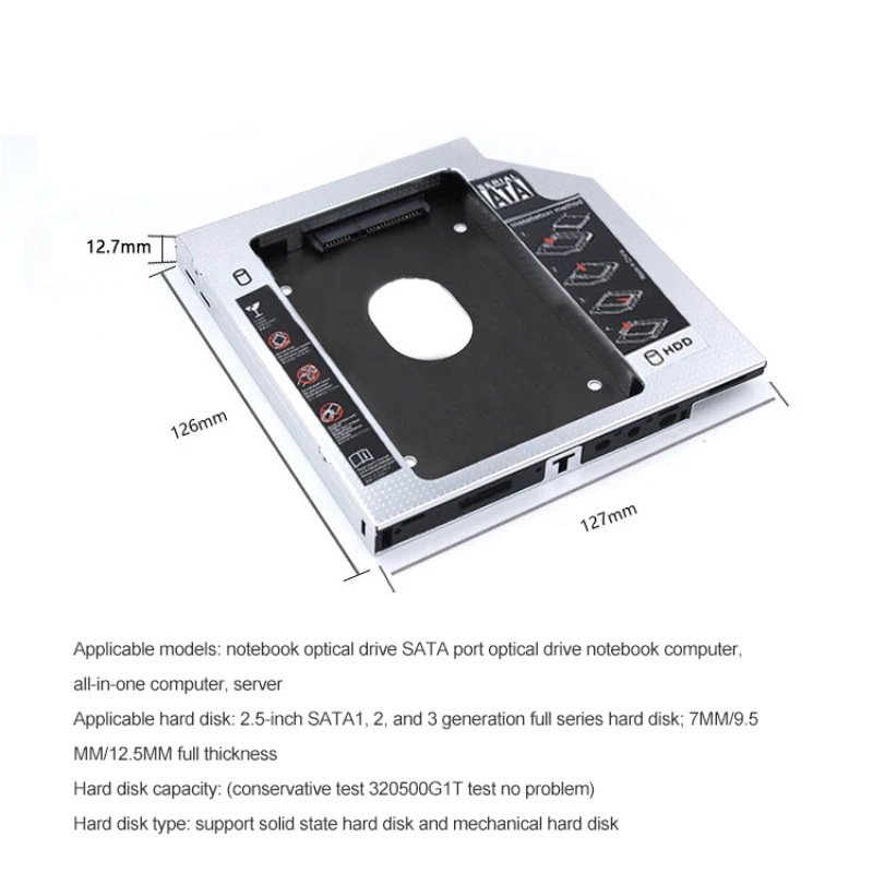 알루미늄 2 세대 HDD 캐디, SATA 3.0, 2.5 인치 SSD DVD -ROM 인클로저 어댑터, 하드 디스크 드라이브용, 9.5mm, 12.7mm, 9.5mm, 1  5 개