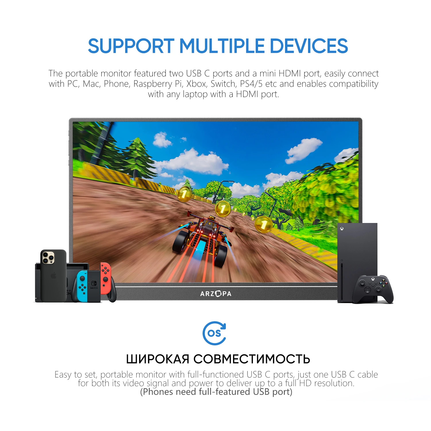 ARZOPA  1080P Portable Monitor 15.6 inch Monitors for Laptop MAC Switch Xbox Phone ps4 PC USB C HDMI-Compatible Computer Display 6