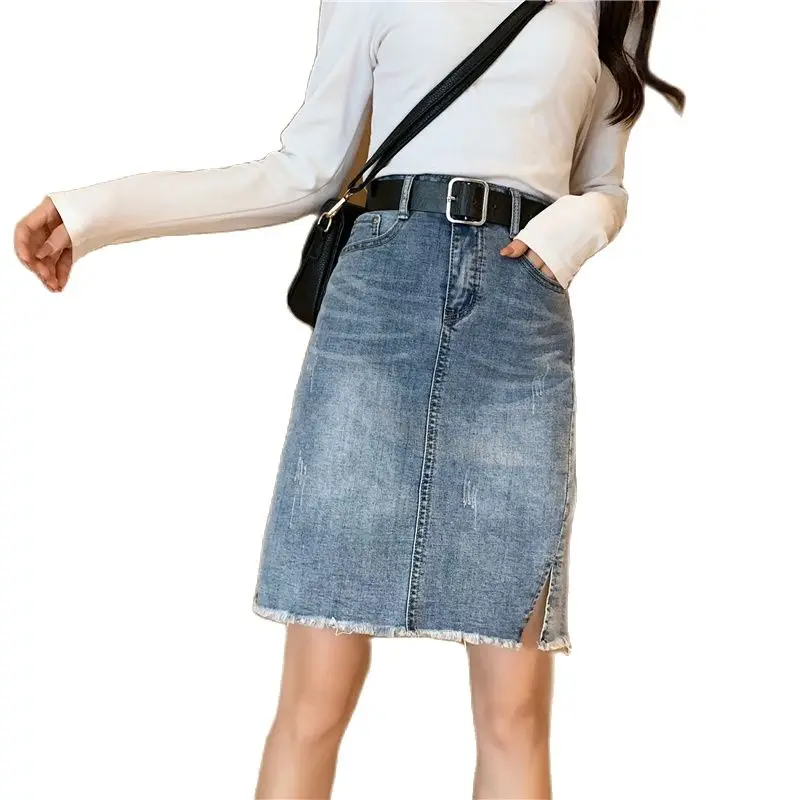 

Female denim skirt high-waisted raw edge hem front asymmetry split patch pocket