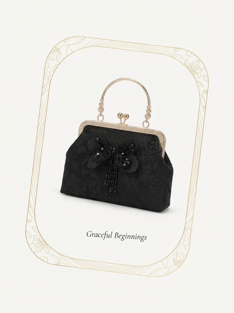Chinese Style Butterfly Embroidery Clutch Vintage Lace Kiss Lock Handbag Elegant Evening Bag with Gold Chain for Women