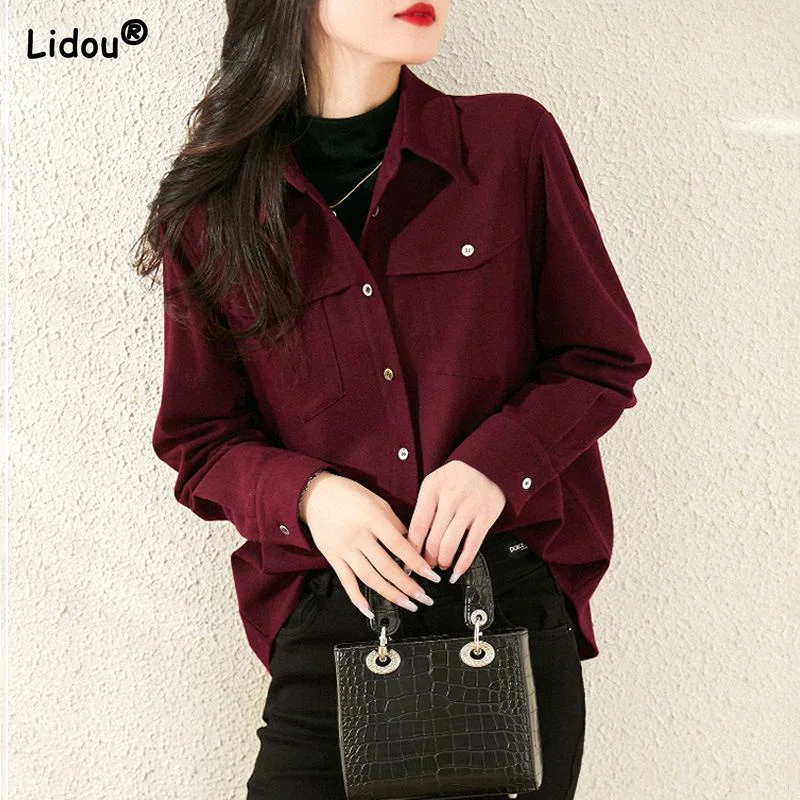 Turn-down Collar Solid Pockets Loose Button Casual Vintage Elegant Fashionable Thin Autumn Winter Blouses Women's Clothing 2022