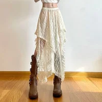 Lace Asymmetrical Skirt Fairycore Women Vintage Y2K Boho Aesthetic Fashion High Waist Mid Skirts Lady Holiday Outfits 1