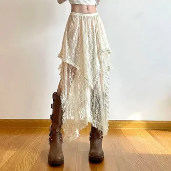 Lace Asymmetrical Skirt Fairycore Women Vintage Y2K Boho Aesthetic Fashion High Waist Mid Skirts Lady Holiday Outfits 1