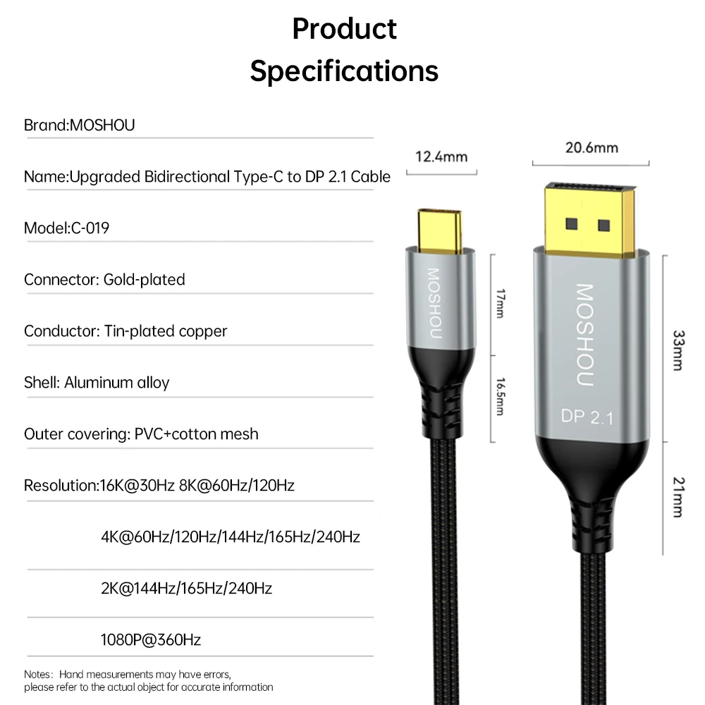 Moshou-usb c para Displayport 2.1 Cabo para Macbook Pro e Air 16k @ 30hz 8k @ 60hz 40gbps Thunderbolt tipo c para dp 2.1 Cabo - Image 2