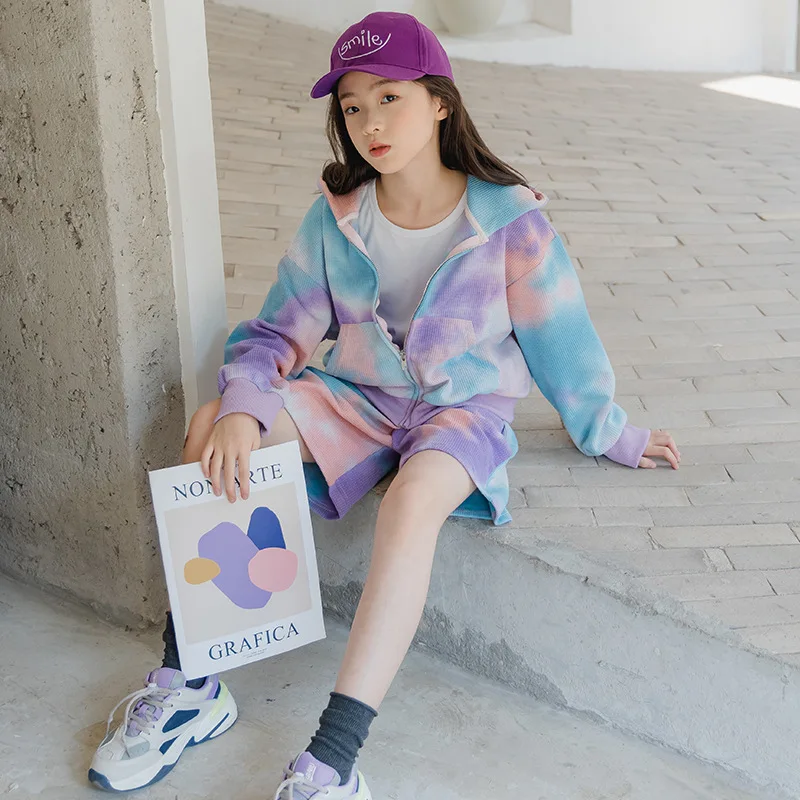 8 10 years Girls Zipper Hoodie Tie-dyed Clothes Set 2022 Children 2 pieces  Spring Fall Fashion Casual Suits 12 13 14 15 years - AliExpress