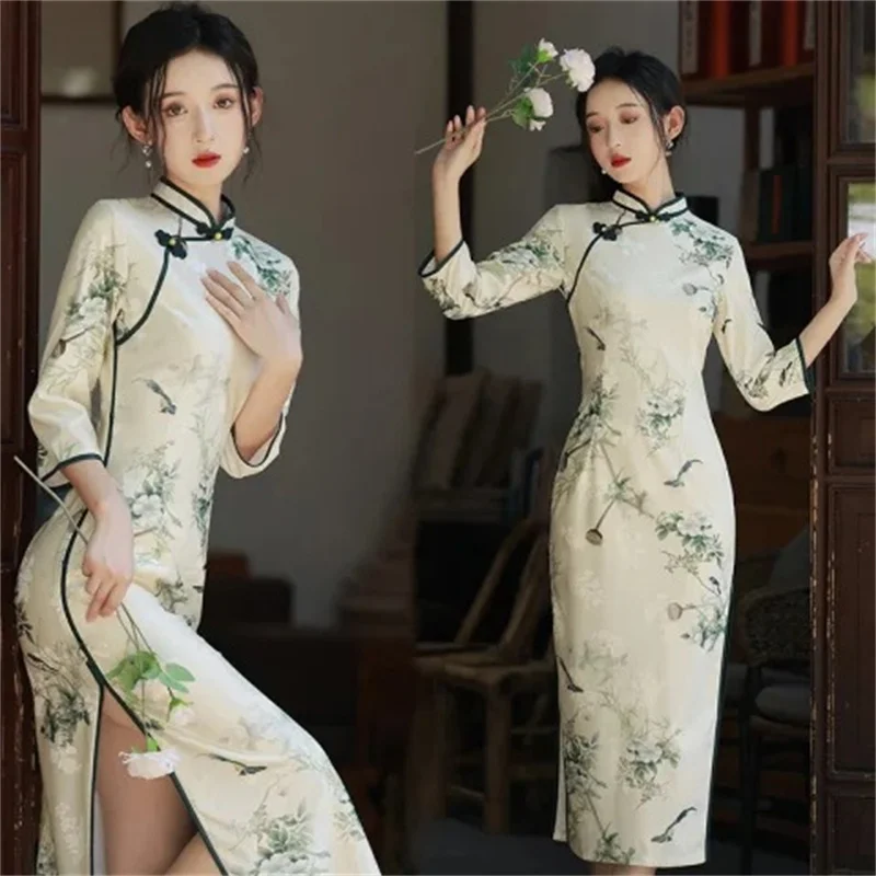 

Sexy Chinese Style Improved Qipao Oriental Dress Traditional Floral Print Modern Cheongsam Long Summer Young Lady Elegant Office