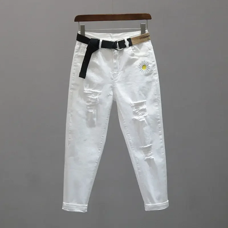 Strappati Bianchi Jeans Bianchi Larghi Vita Alta Pantaloni Jeans