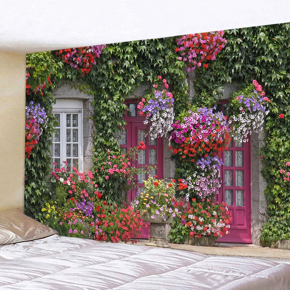 Tapestry Aesthetics Spring Flower Fence  Pink Rose Plant  Wall Garden Window Natural Scenery Home Decoration