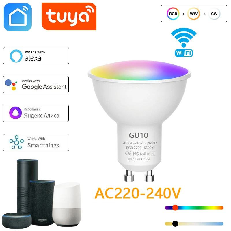 Tuya Smart WiFi GU10 LED Bulb 5W 7W 9W AC220-240V  Spotlight Alexa Lamp RGBCW Smart Life APP Control Works With Google Home Echo