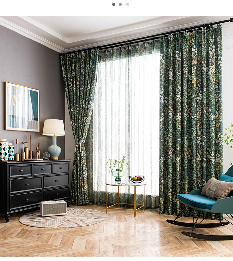 American Country Pastoral Style Curtain Green Bedroom Living Room Forest Plant Cotton and Linen Blackout Floor-to-ceiling Window