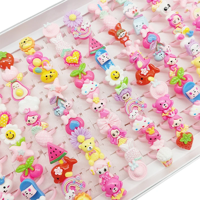 50/100pcs Child Finger Ring Gifts for Little Girl Bear Fruit Flower Animal Jewelry, finger ring, animal ring