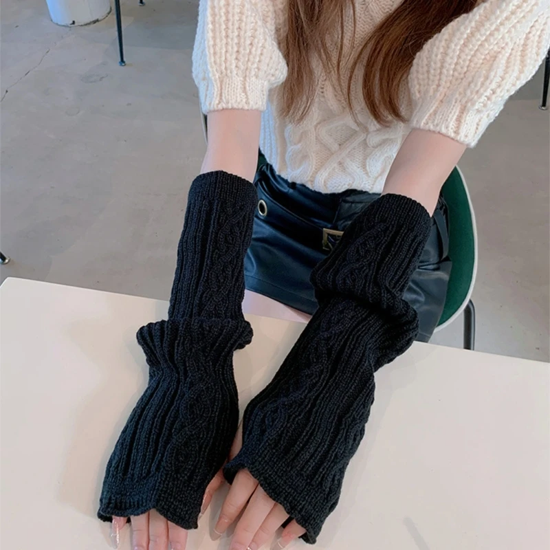 

Women Knitted Fingerless Gloves Wrist Warmer Sleeve Girls Autumn Winter Solid Elastic Arm Sleeves for Cosplay Photography Props
