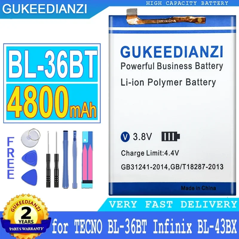 

GUKEEDIANZI Replacement Battery, BL-36BT for TECNO BL-36BT, For Infinix BL-43BX, Big Power Battery with Free Tools, 4800mAh