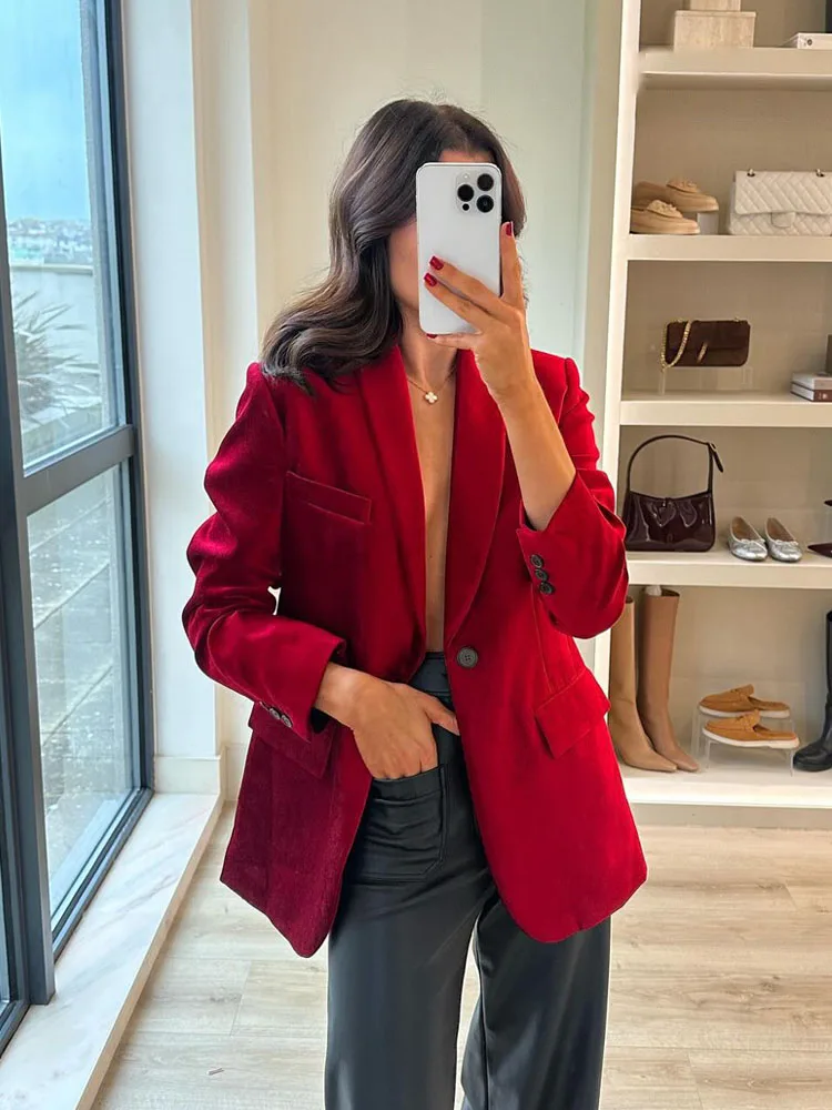 HH Women Spring Chic Jacket Coats Red Turn Down Collar Long