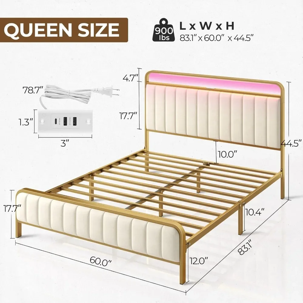 Queen Size Bed Frame with LED Light and Charging Station, Upholstered Headboard and Footboard, Metal Slat, Noise Free Bed 2