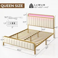 Queen Size Bed Frame with LED Light and Charging Station, Upholstered Headboard and Footboard, Metal Slat, Noise Free Bed 2