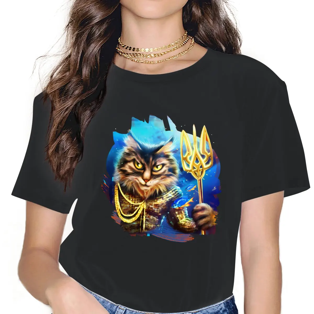 

Neptune God Women's T Shirt Cat Ukrainian Vintage Tee Shirt Short Sleeve Round Neck T-Shirts Cotton Printed Clothes