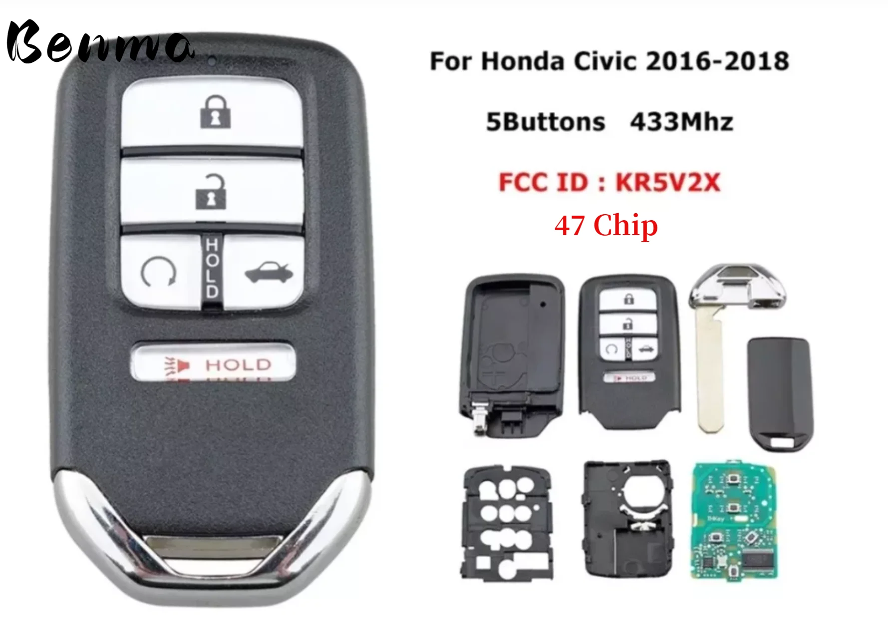 

Benma- for Llave Control Presencia Honda Civic Crv Pilot 2016 Al 2019 5 buttons FCC ID KR5V2X ID 47 chip 433Mhz