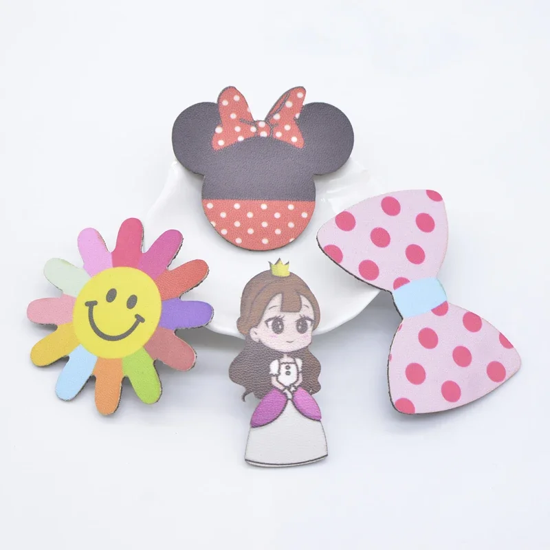 10 Stücke PU Leder Mädchen Fliege Maus Kopf Sonnenblumen Applikationen für DIY Kleidung Hut Nähen Patches Kopfbedeckung Haarspangen Bogen Dekor