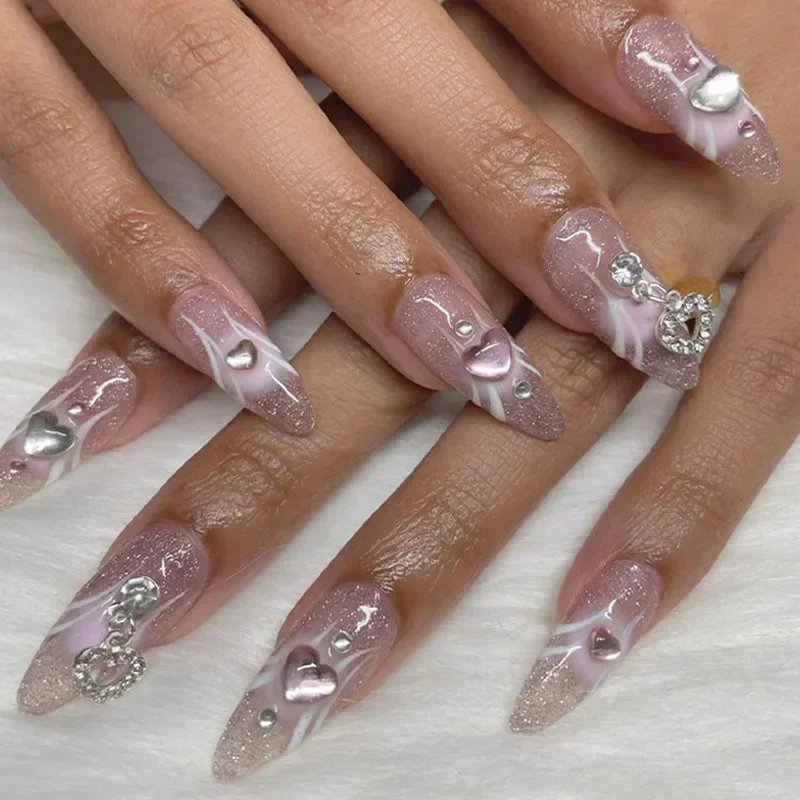 

24Pcs Pink Round Head Almond Fake Nails with Heart Shape Rhinestone Wearable Ballerina False Nail Tips Full Cover Press on Nail