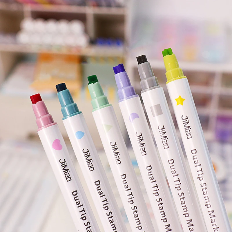 6 Pcs/lot Dual Tip Stamp Marker Pens Set Multi Color Line