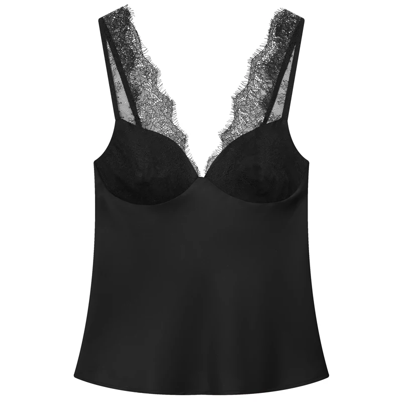 HXAO Sexy Lace Slip Top Women Summer Tanks & Camis Bra Crop Black Strap Tops For Woman Chic Sleeveless Backless Bustier Camisole