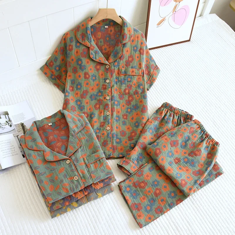 

2023 японский Новый женский пижамный комплект из 100% хлопка винтажные длинные брюки с коротким рукавом и шорты Комплект из 3 предметов для домашнего интерьера