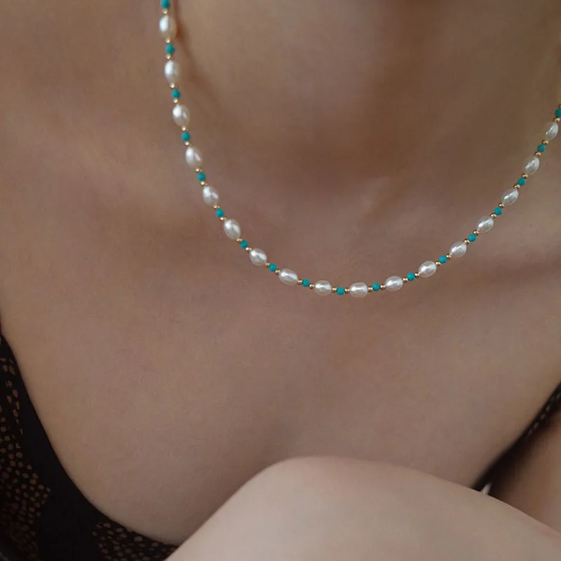 100% Natural Freshwater Pearl & Turquoise Stone 14K Gold Filled Female Jewelry Set For Women Necklace Bracelet Christmas Gifts 3