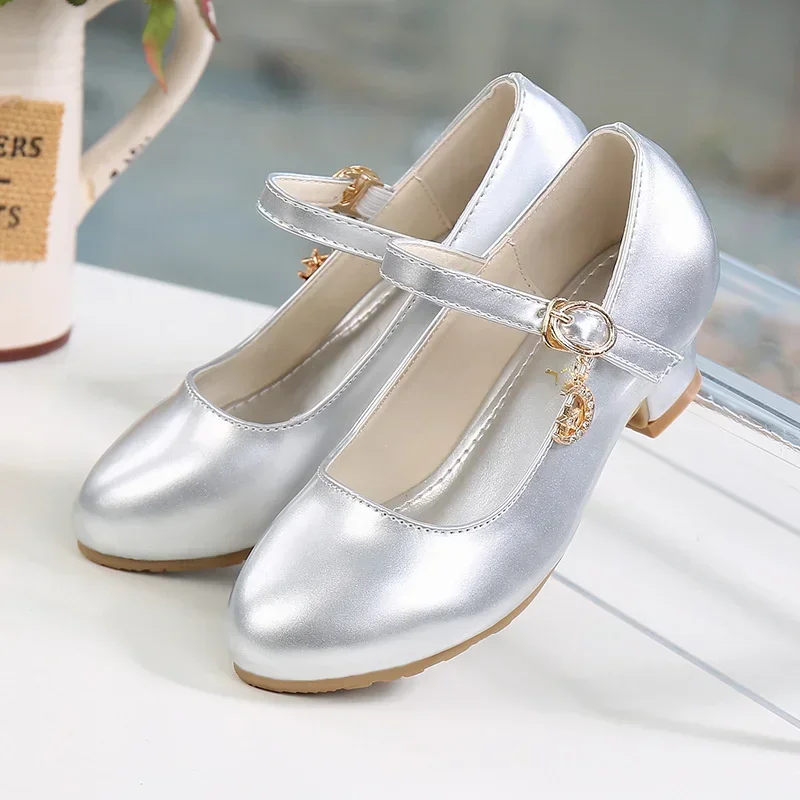 Children Girls Leather Shoes White Princess High Heel Shoes for Kids Girls Performance Dress Student Show Dance Sandals 28-41