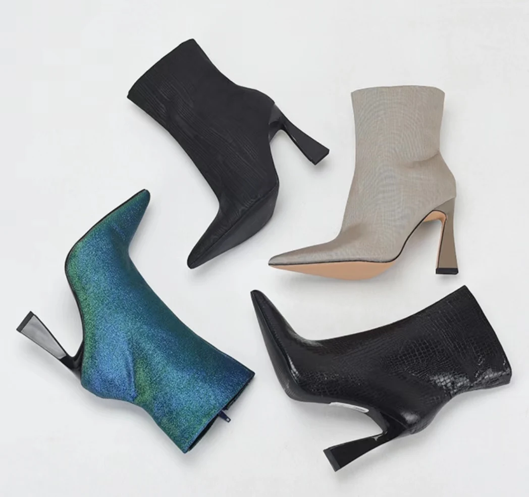 

Winter Ankle Boots 2024 Brand Women's Boots PU Black Fashion High-Heeled Pointed Toe Shoes Zip Sexy Party Modern Boots