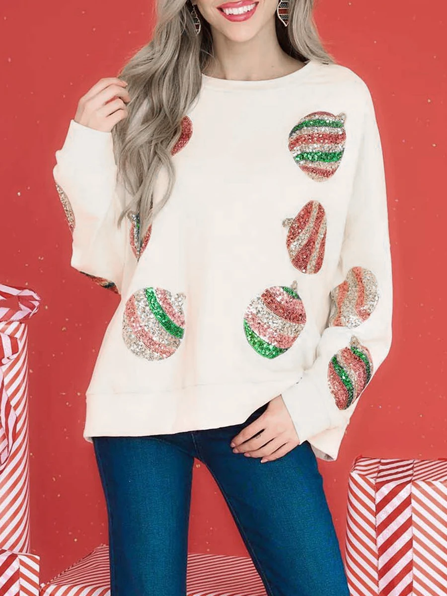 

Women Sequin Christmas Sweatshirts Funny Graphic Printed Crewneck Long Sleeve Sparkly Glitter Pullover Jumper Tops