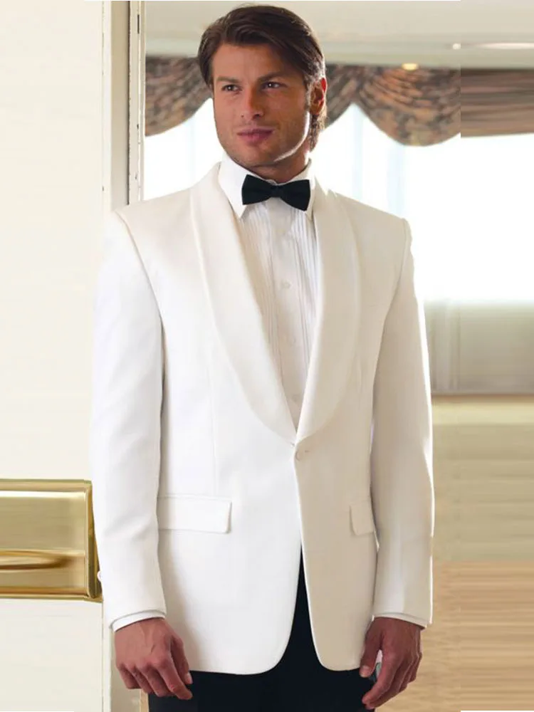 Ivory Men's Groom Tuxedos 2 Pieces Shawl Lapel One Button Blazer Black Pants Business Tuxedo Formal Suit for Men Jacket Trousers 2