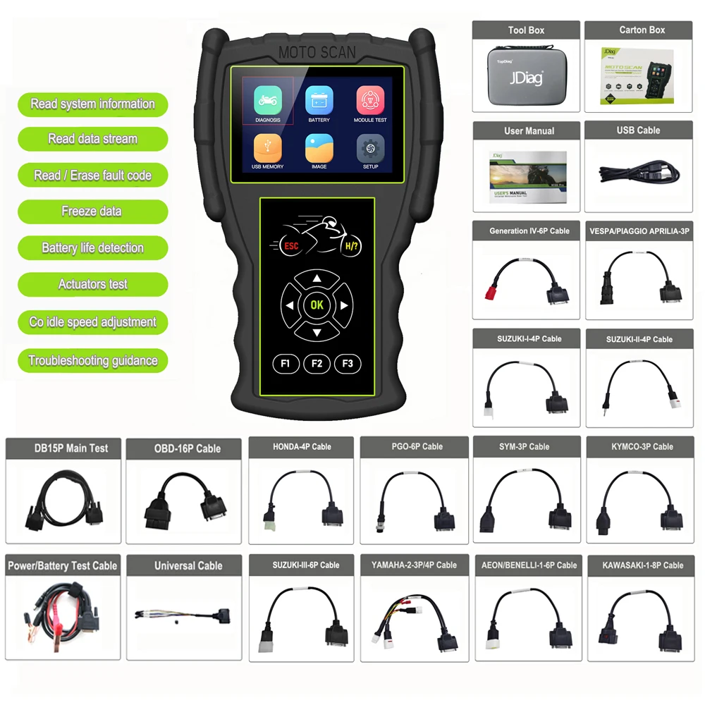 

JDiag M100 PRO Motorcycle Diagnostic Scanner Help to Read/Erase Fault Code Faster Repair For Most Brand Motors Incluld 18 Cable