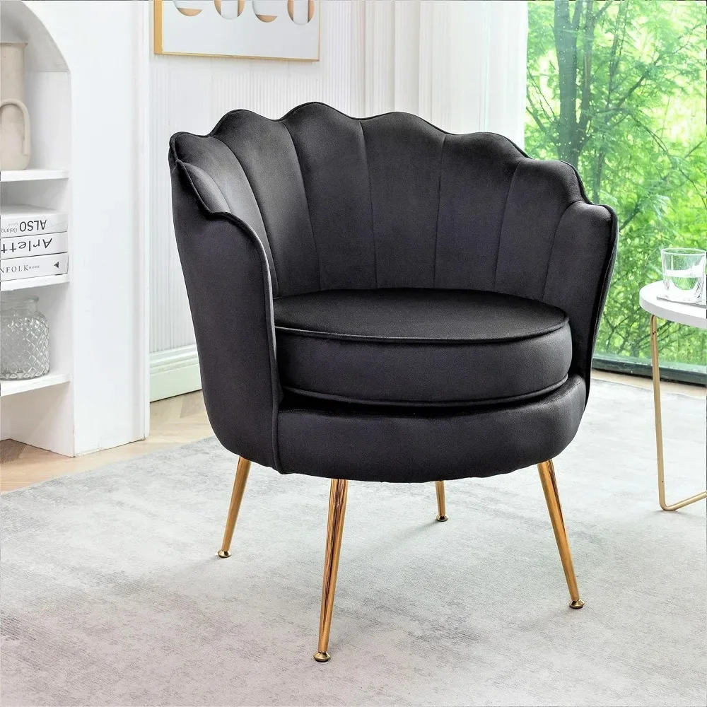 

Furniture Direct Velvet Barrel Accent Chair With Scalloped Silhouette and Gold Metal Legs Chairs for Living Room Furniture Black