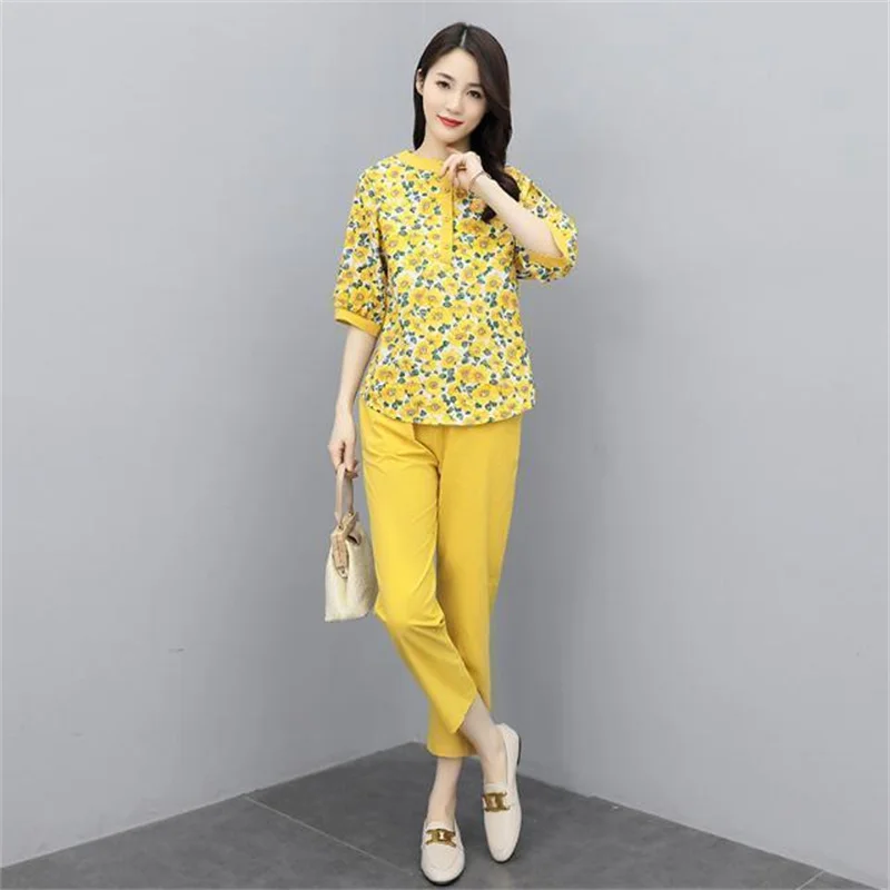 2024Summer New Suit Women Cotton Hemp Slim Two-Piece Printed Shirt Eight-Point Feet Pants Small Western Coat Female Tops Outfit