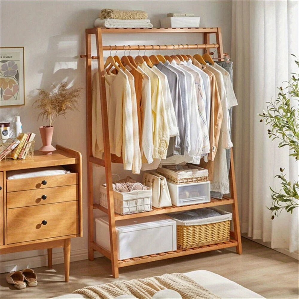 Bamboo Clothes Hanging Garment Rack Heavy Duty Laundry Rack Cloest Storage Shelf 3