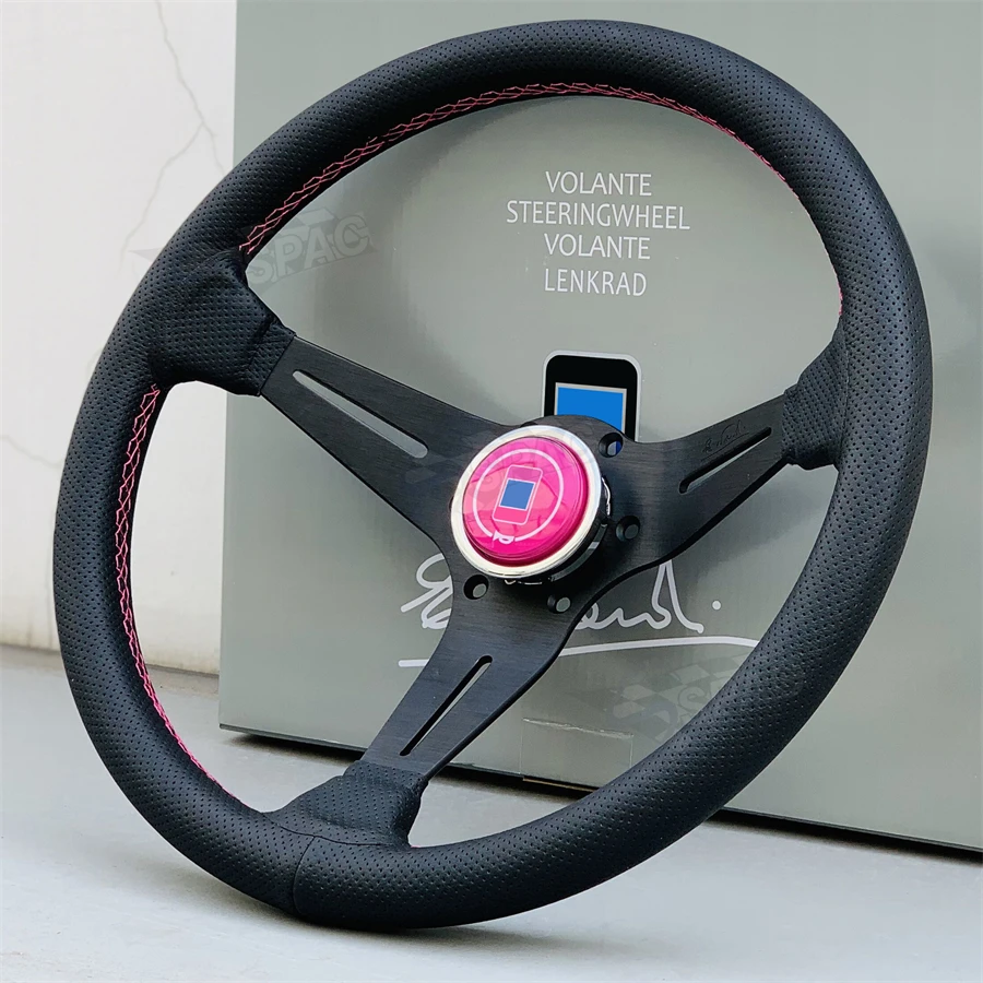 350mm/14inch Pink Stitching Perforated Leather Racing Car Steering Wheel With Pink Nd Horn