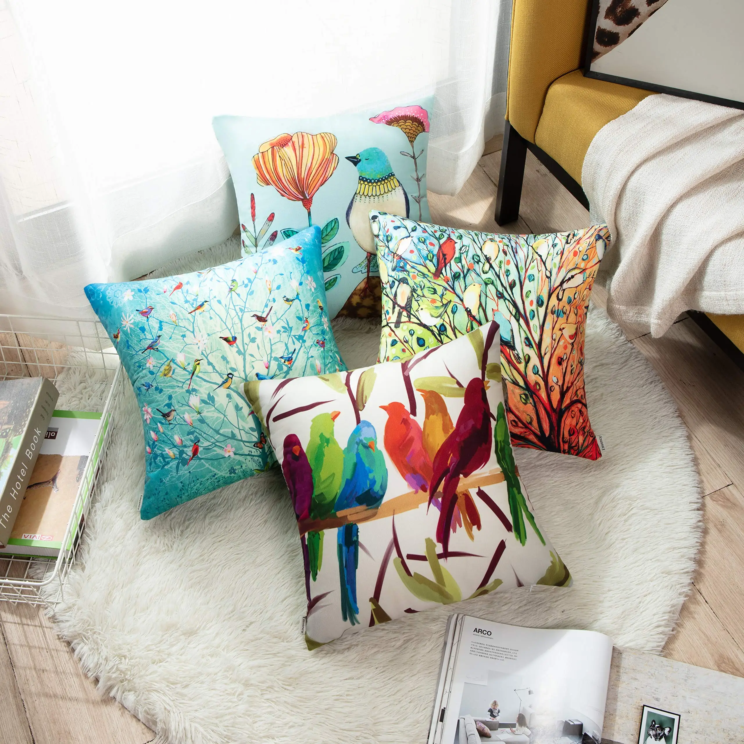 BAOKU Set 4 Federe Per Cuscino 45x45 Cm Con Motivo Uccelli E Fiori - Lino Ecologico, Chiusura A Cerniera Nascosta, Decorazione Primaverile Per Divano E Letto