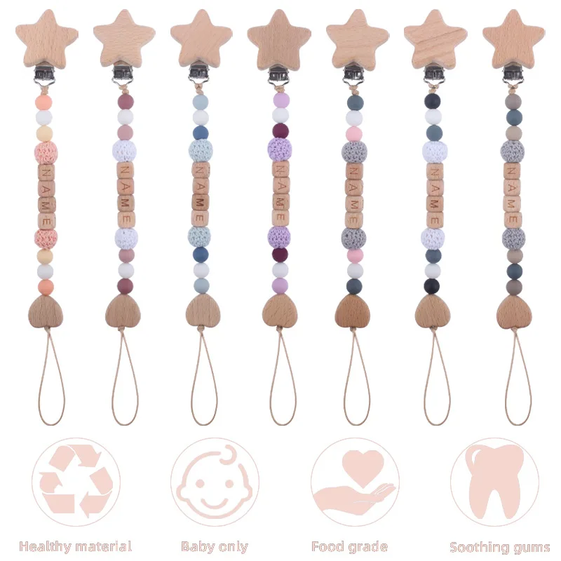 

Baby Pacifier Clip Personalized Name DIY Chain Star Wooden Silicone Teethers Dummy Nipple Holder Clips Teething Toys BPA Free