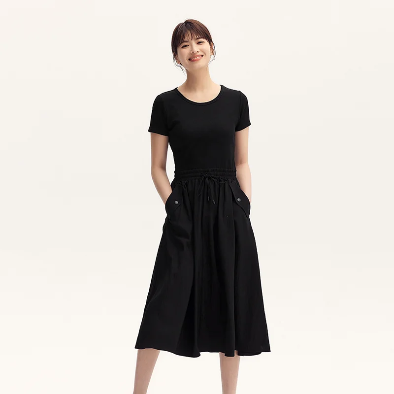 Dress Women Slim-Fit Waist-Cinching Dress Summer New Fake Two-Piece Round Neck Midi Versatile Dress