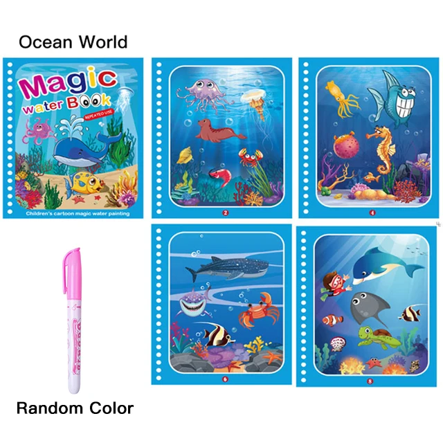 Magical Water Drawing Book Toys Variety of Themes Reusable Coloring Magic Water Drawing Book Early Education Toys for Children Ocean World