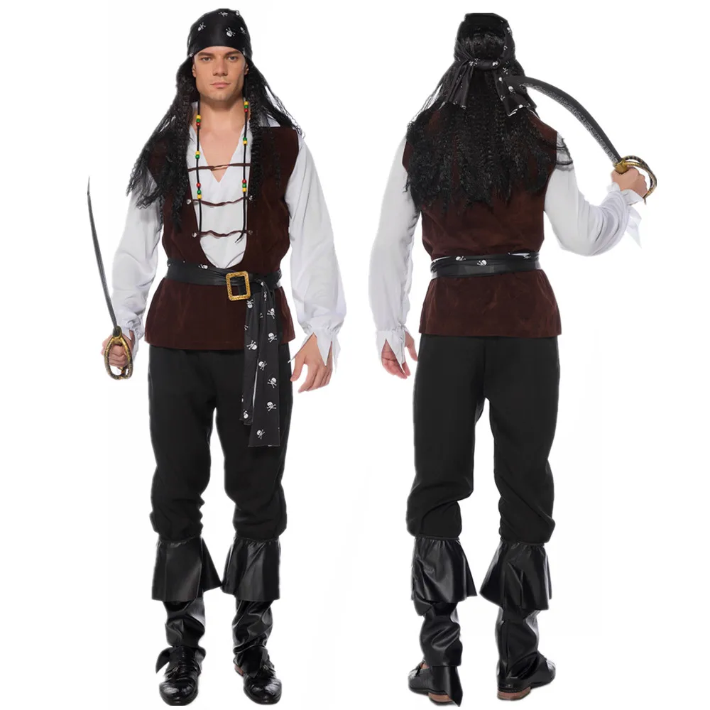 

Halloween Carnival Party Caribbean Skeleton Captain Pirate Costumes Adult Fancy Dress Cosplay for Men