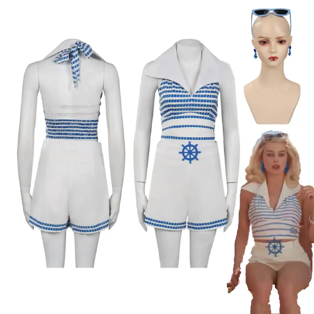 

Margot Cosplay Costume Movie Barbier Role Play Blue Striped Beach Dress Suits Sunglasses Earrings Female Halloween Party Clothes
