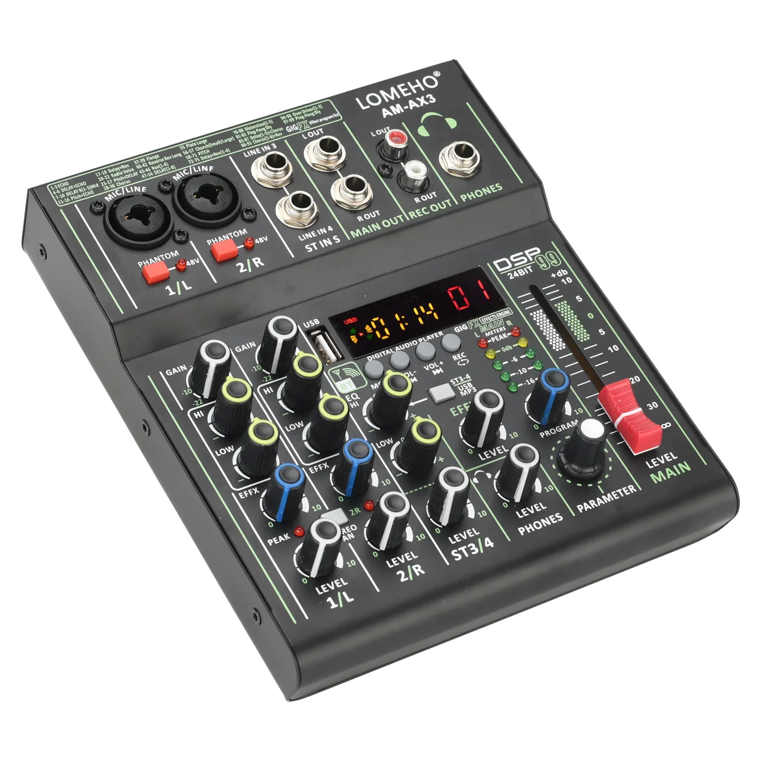 4 Channel Audio Mixer audio mixer Mini Portable Sound Mixing Console Bluetooth USB Play Record 99 DSP Effect 48V Dj Controller AM-AX3