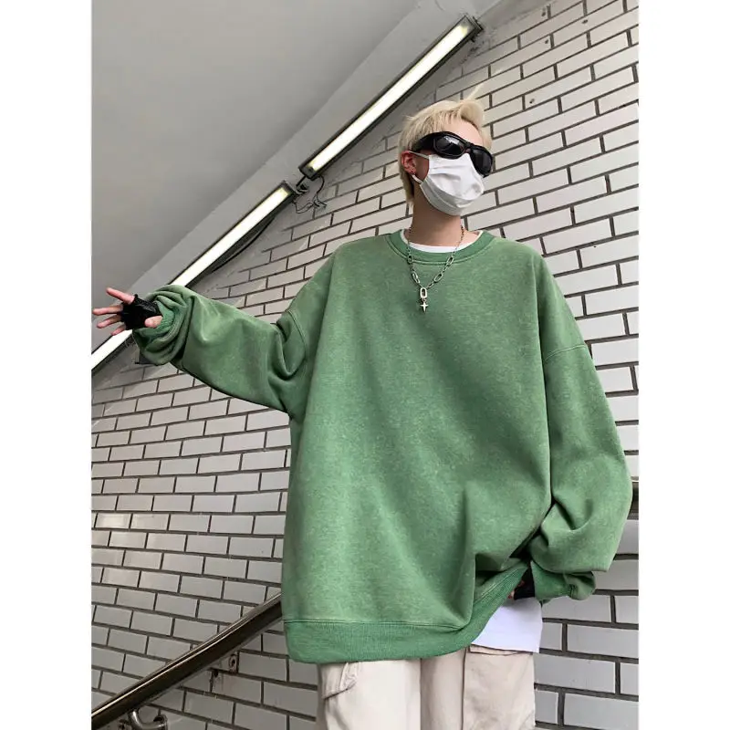 

Priathinker Vintage Wash Pullovers Sweatshirt Man Loose Solid Color Oversized Korean Style Shirt Men Harajuku Hip Hop Y2k Tops