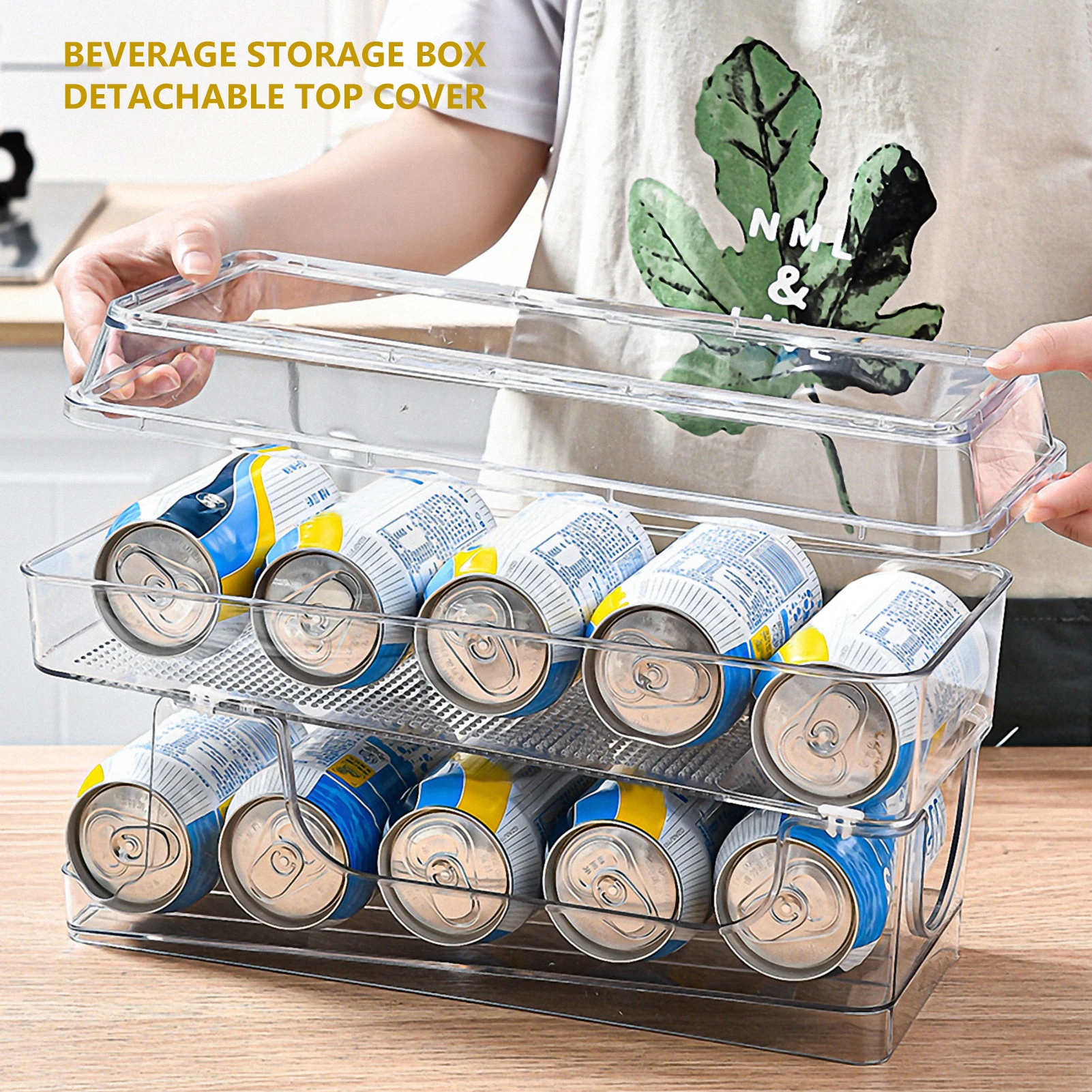 Refrigerator Organizer Double Layer Automatic Rolling Beverage Storage Rack  With Lid Beer Soda Can Organizer Kitchen Suply