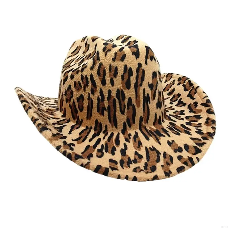 652F Western Styles Hat Roll Trim Cowgirls Fedoras Wide Brims Hat with Leopard Pattern for Outdoor Activity and Cosplay Party