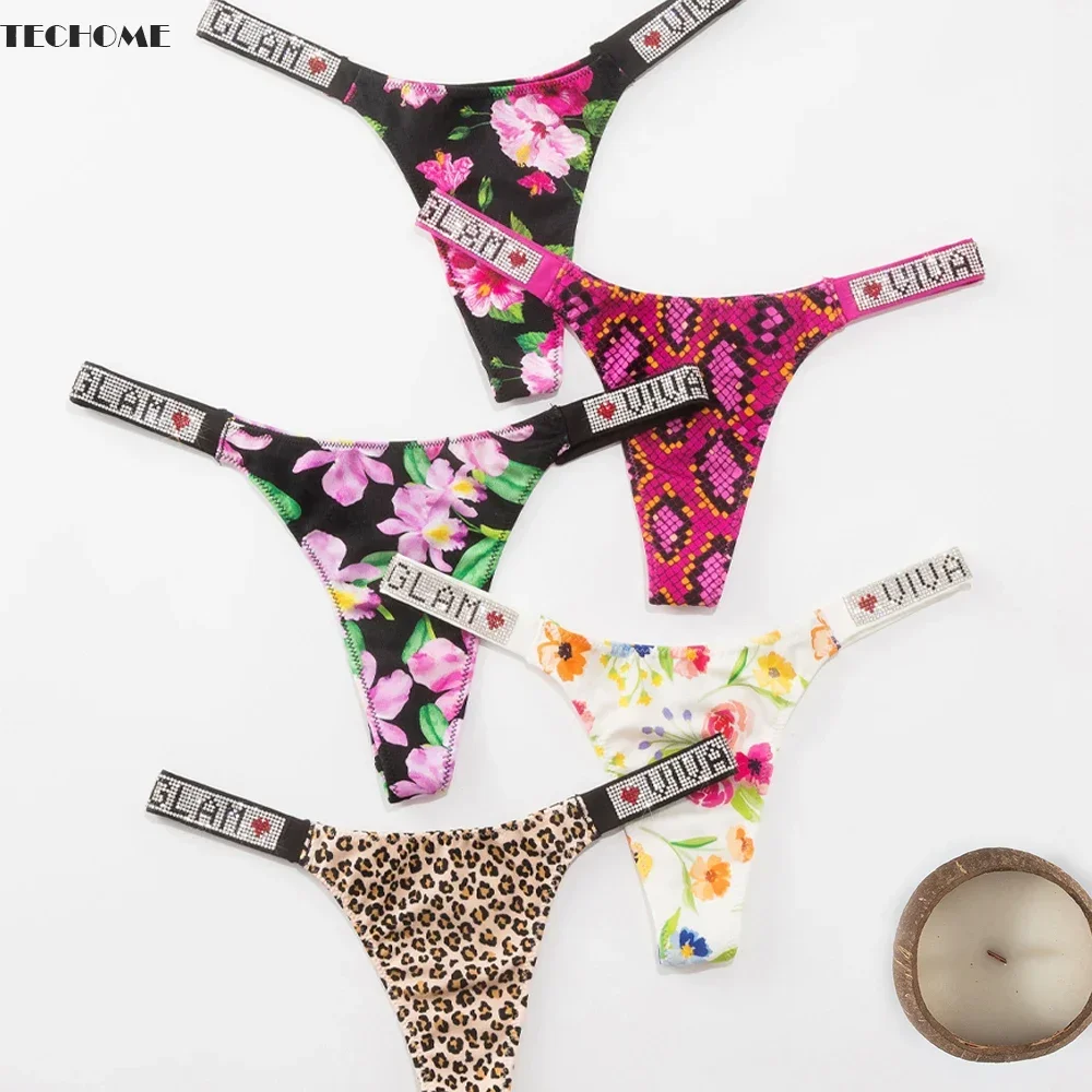 

TECHOME 5pcs Diamond G-string European and American New Women Satin Thongs T Pants Sexy Printed Briefs Seamless Panties Bikini